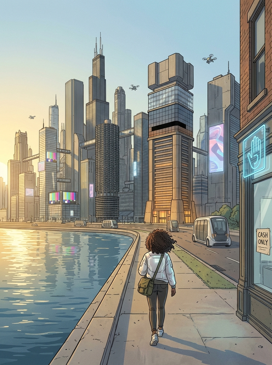 Chicago 2050 lakefront at dawn — holographic billboards, drone lanes, and a solitary figure walking along the concrete path beside Lake Michigan.