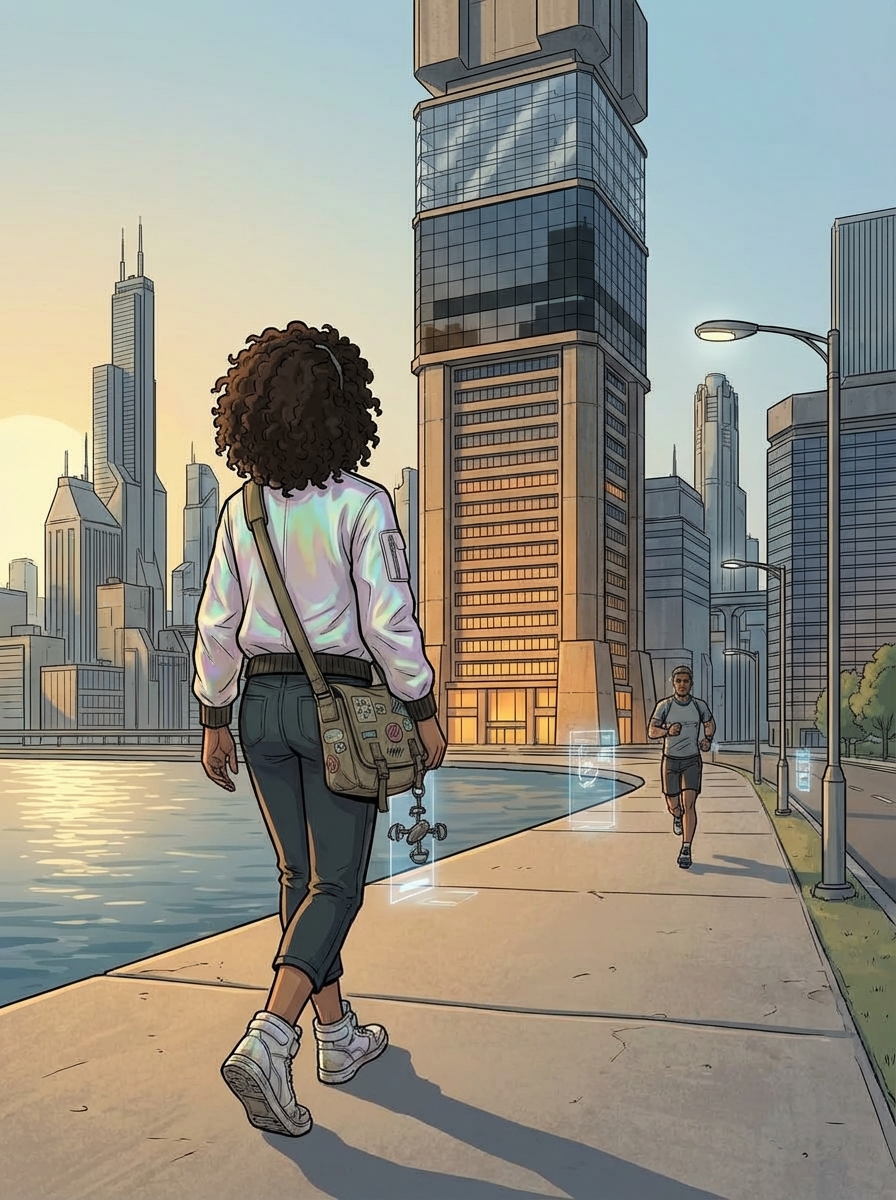 Medium shot from behind of a young woman walking toward the Favor.ai tower, messenger bag over one shoulder, morning light casting her shadow forward.