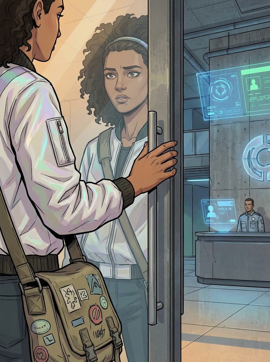 Close-up of Huma's hand pushing open a glass entrance door to the Favor.ai lobby, her reflection visible in the glass — determination and uncertainty.