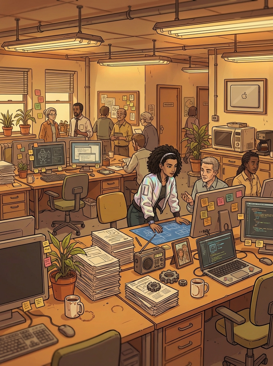 Wide shot of Floor 12 — a warm, densely occupied open-plan office with amber lighting, cluttered desks, plants, and workers in conversation.