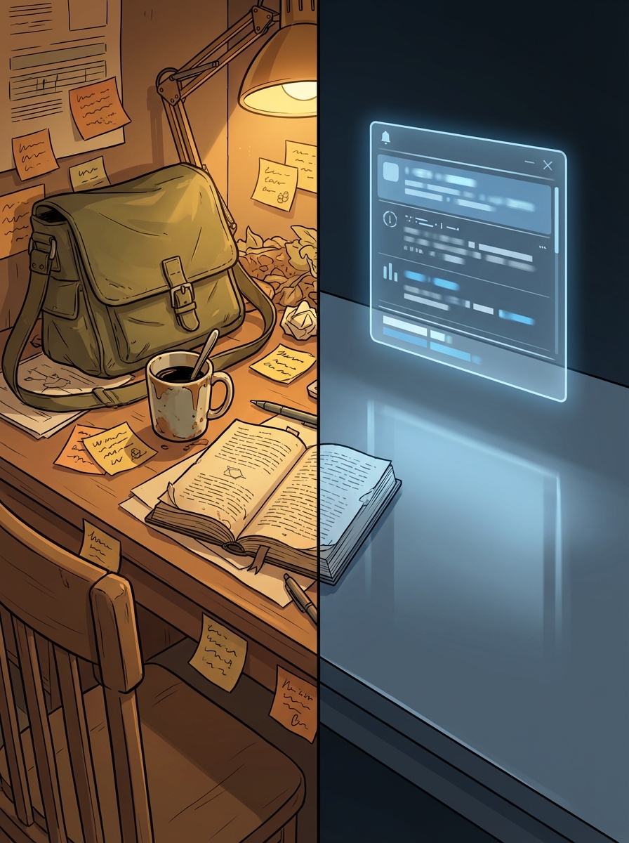 Split composition — left: warm Floor 12 desk with messenger bag and coffee; right: cold holographic notification panel in blue-white light.