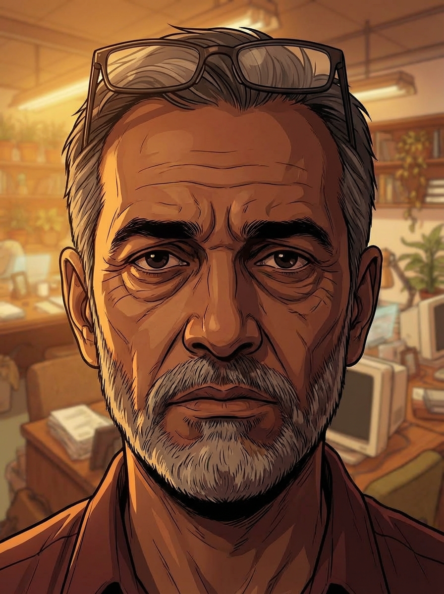 Extreme close-up of Raj's face — quiet disappointment in his dark eyes, warm amber light illuminating weathered features, Floor 12 in soft bokeh behind.