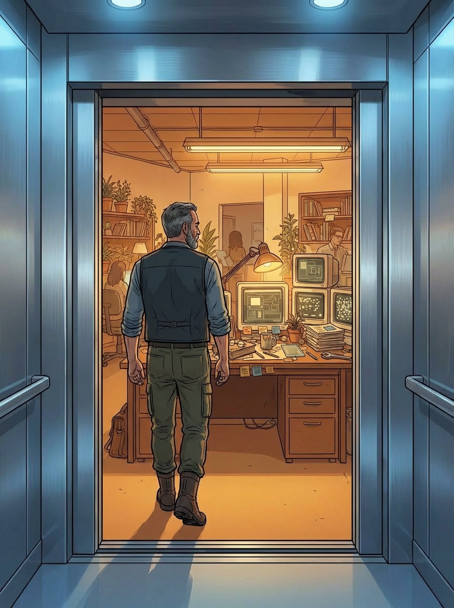 Huma's POV from inside the elevator — through the narrowing gap of closing doors, Raj walks back to his cluttered desk in warm amber light.