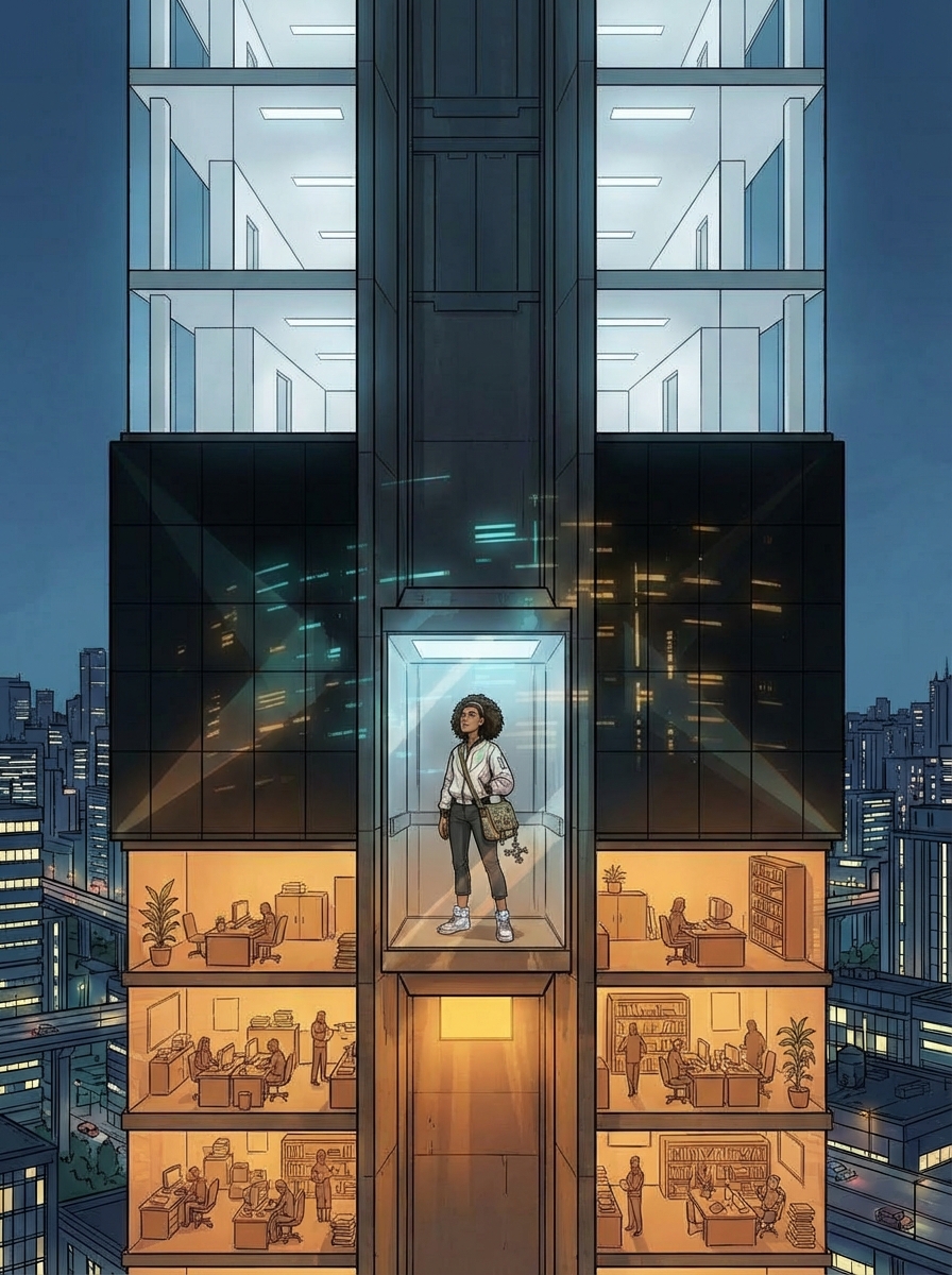 Vertical composition — a transparent elevator ascending through the tower's cross-section: warm floors below, dark agent layer in the middle, sterile white floors above. Huma stands in the center, her warm colors constant.