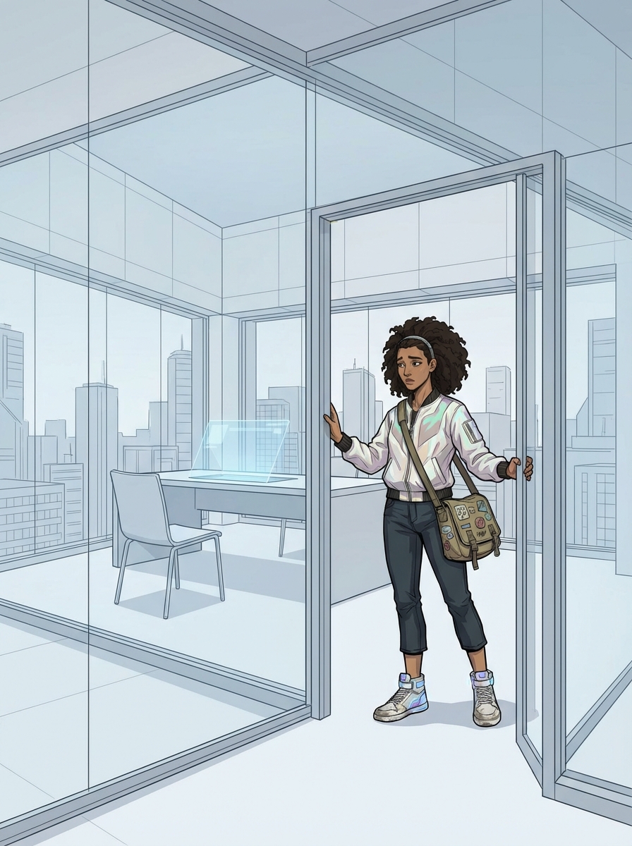 Wide shot through glass walls into a minimal corner office — pale white surfaces, sourceless lighting, a single desk. Huma stands in the doorway, the only source of warmth and color.