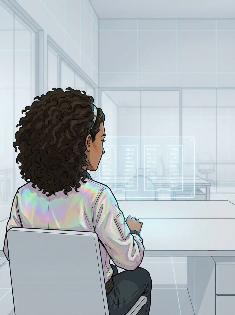 Over-the-shoulder shot of Huma at her desk, facing a holographic display showing four alphanumeric designations in a queue — cold, clinical, impersonal.