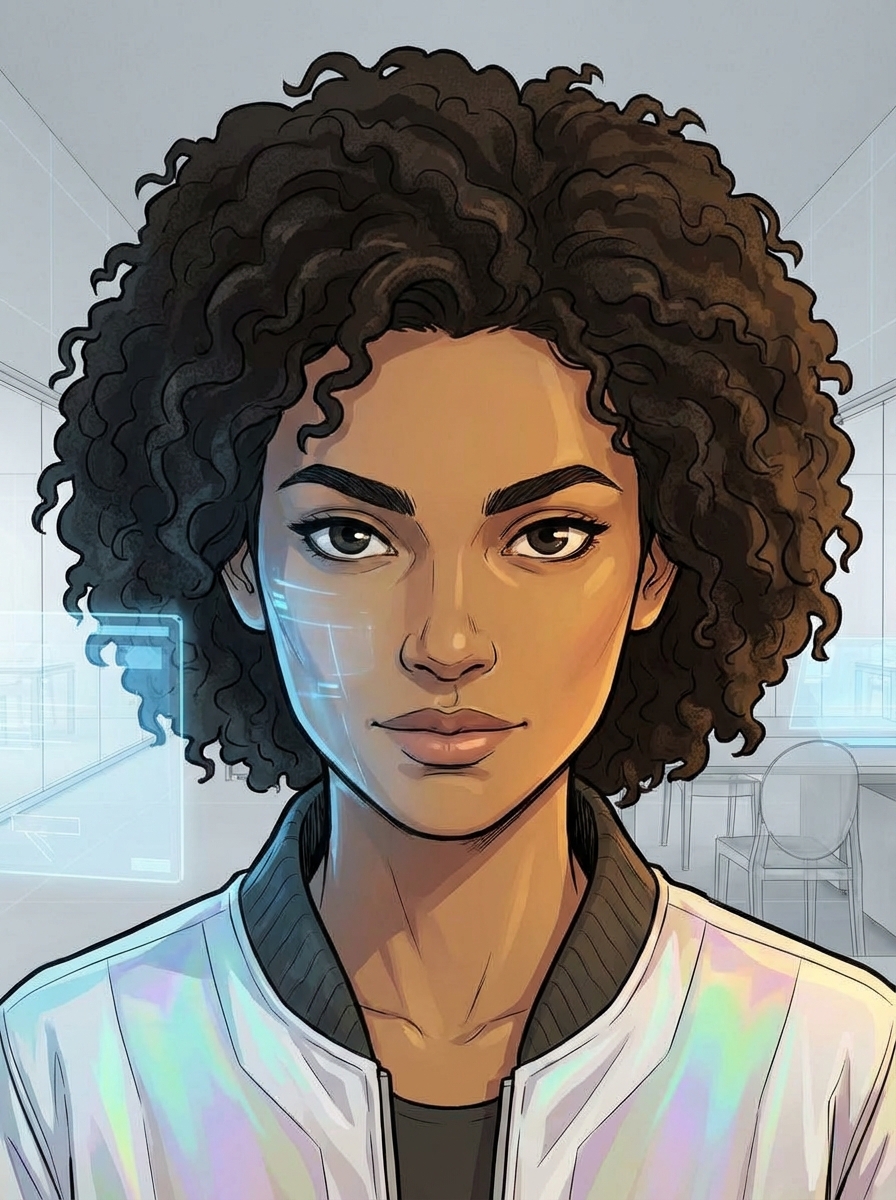 Close-up portrait of Huma — warm brown skin, curly dark hair, quiet determination in her eyes. Faint blue holographic light on one side, warm light on the other.