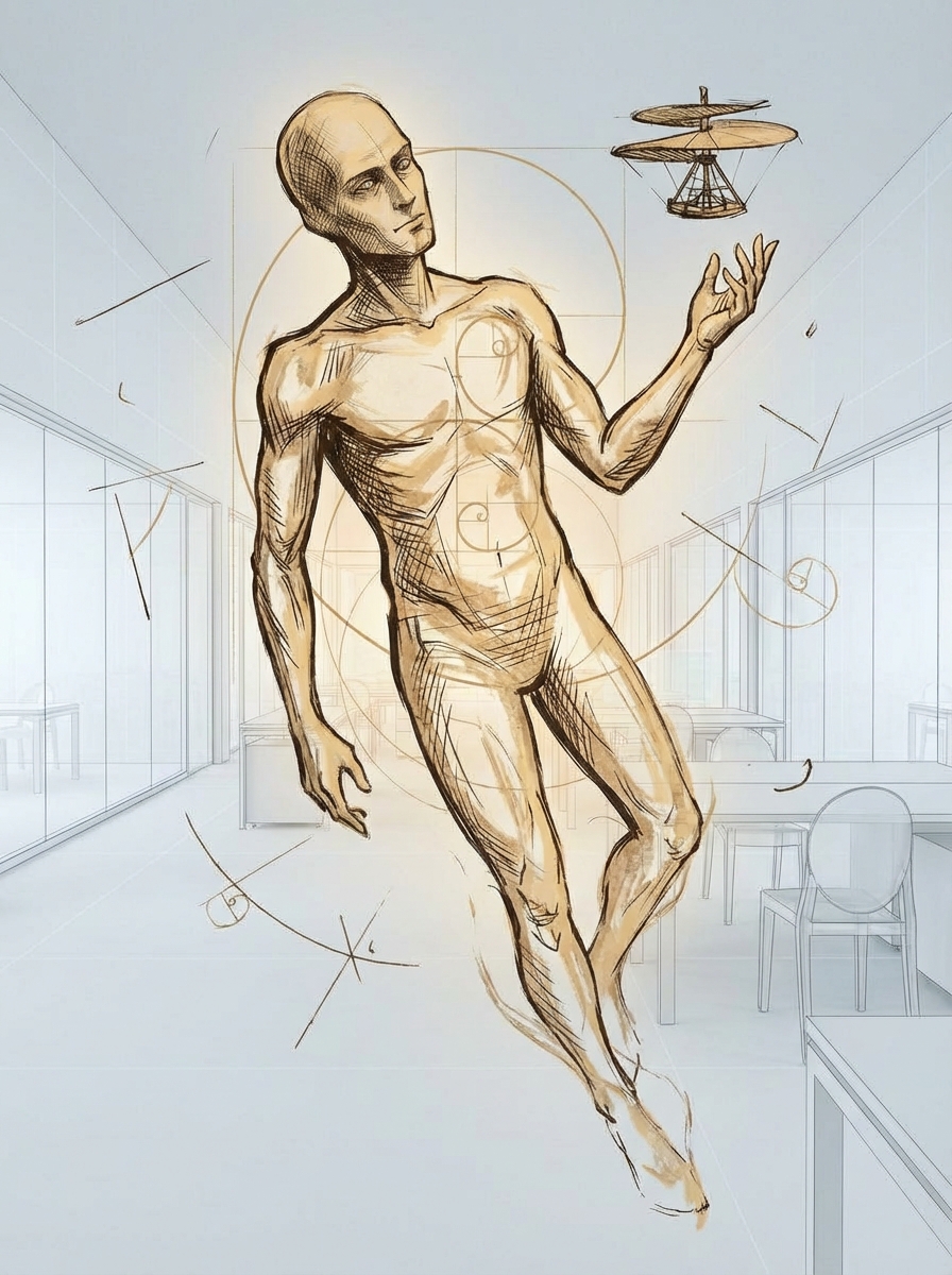 A humanoid figure materializing from sepia ink cross-hatching — Leonardo da Vinci-style anatomical drawings forming a body in mid-emergence, floating in a near-monochrome office.