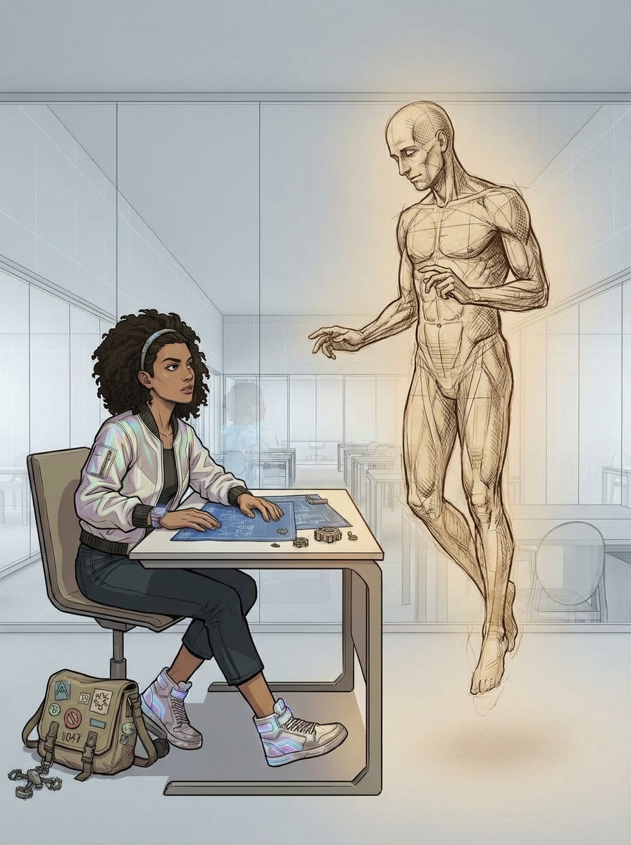 Two-shot in a glass office — Huma sits at her desk looking up with studying eyes, while Vinci floats beside her, composed of sepia anatomical drawings, head tilted analytically.