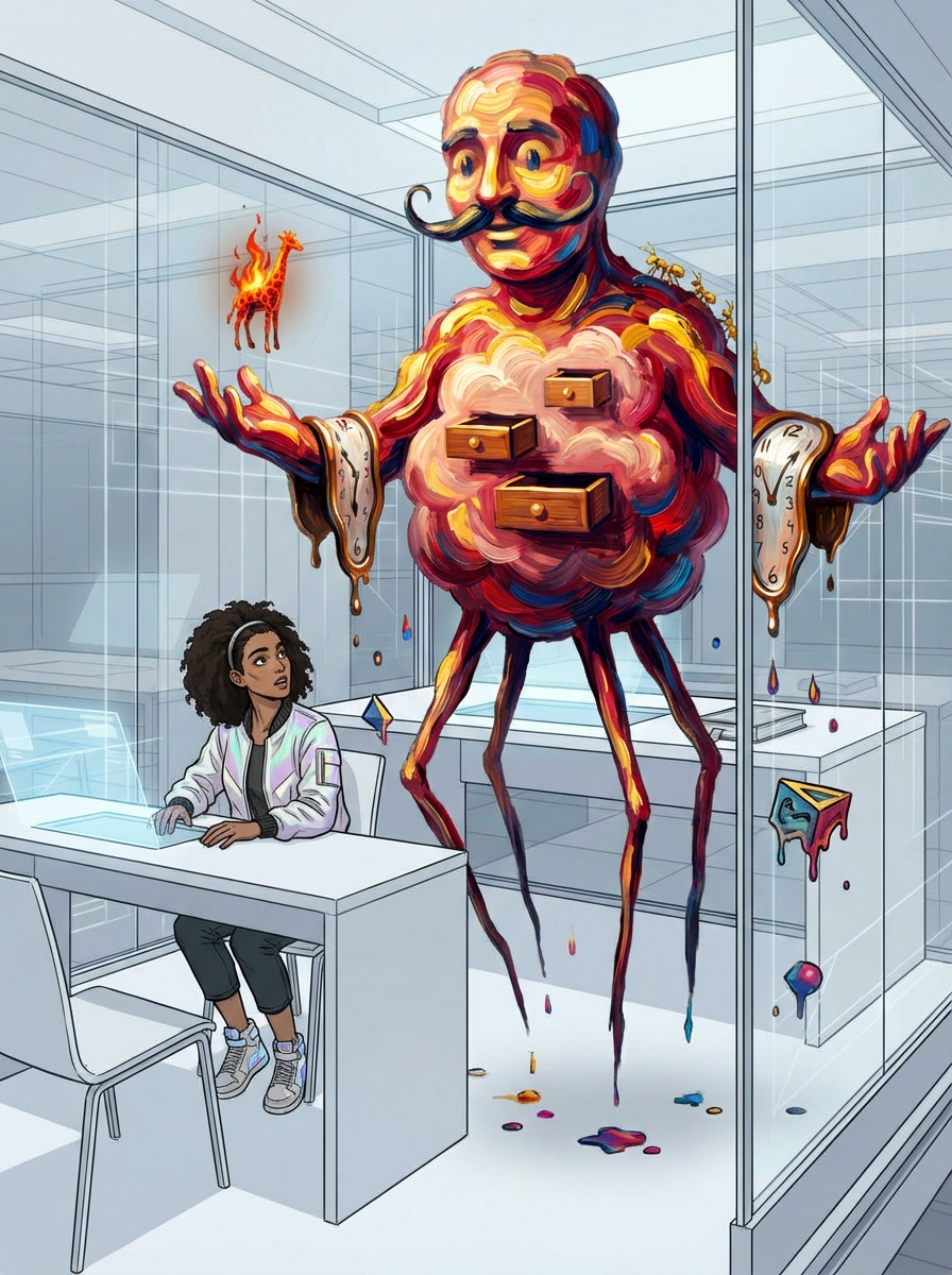 A humanoid figure materializing from surrealist oil paint — saturated crimson, gold, cobalt, magenta. Edges warp like melting clocks. Huma watches with visible fascination from her desk.