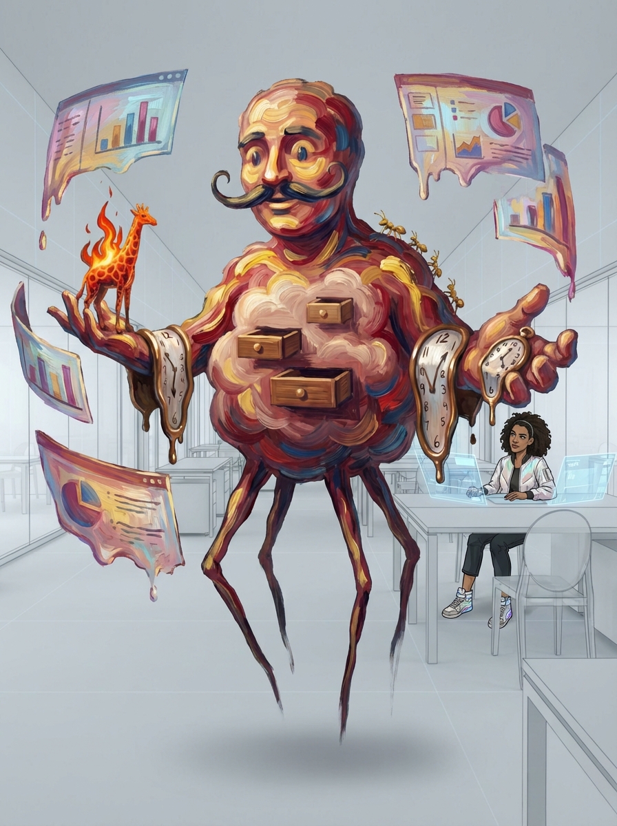 Medium shot of Dali gesturing expansively — surrealist oil paint figure amid warping holographic charts, while Huma watches with one eyebrow raised.