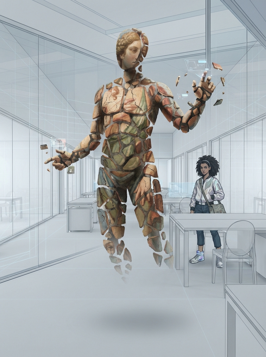 A humanoid figure composed of cracked Renaissance fresco — Sistine Chapel plaster, heroic proportions, visible deterioration. Already in motion, already working, task indicators orbiting the form.