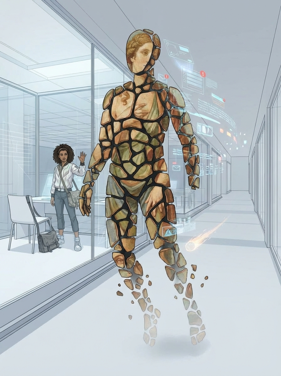 A cracked fresco figure moving through a corridor, trailing holographic tasks like a comet tail. Huma's hand raised in an unfinished greeting as Michel is already elsewhere.