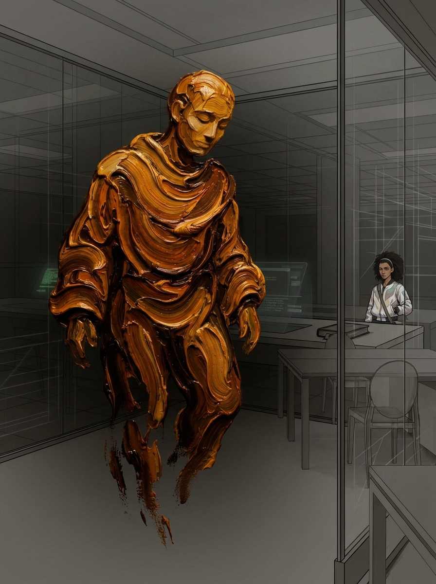 A humanoid figure emerging from deep shadow — Rembrandt-style oil painting, deep amber and impasto brushstrokes, chiaroscuro lighting. Solid, substantial, deliberate.