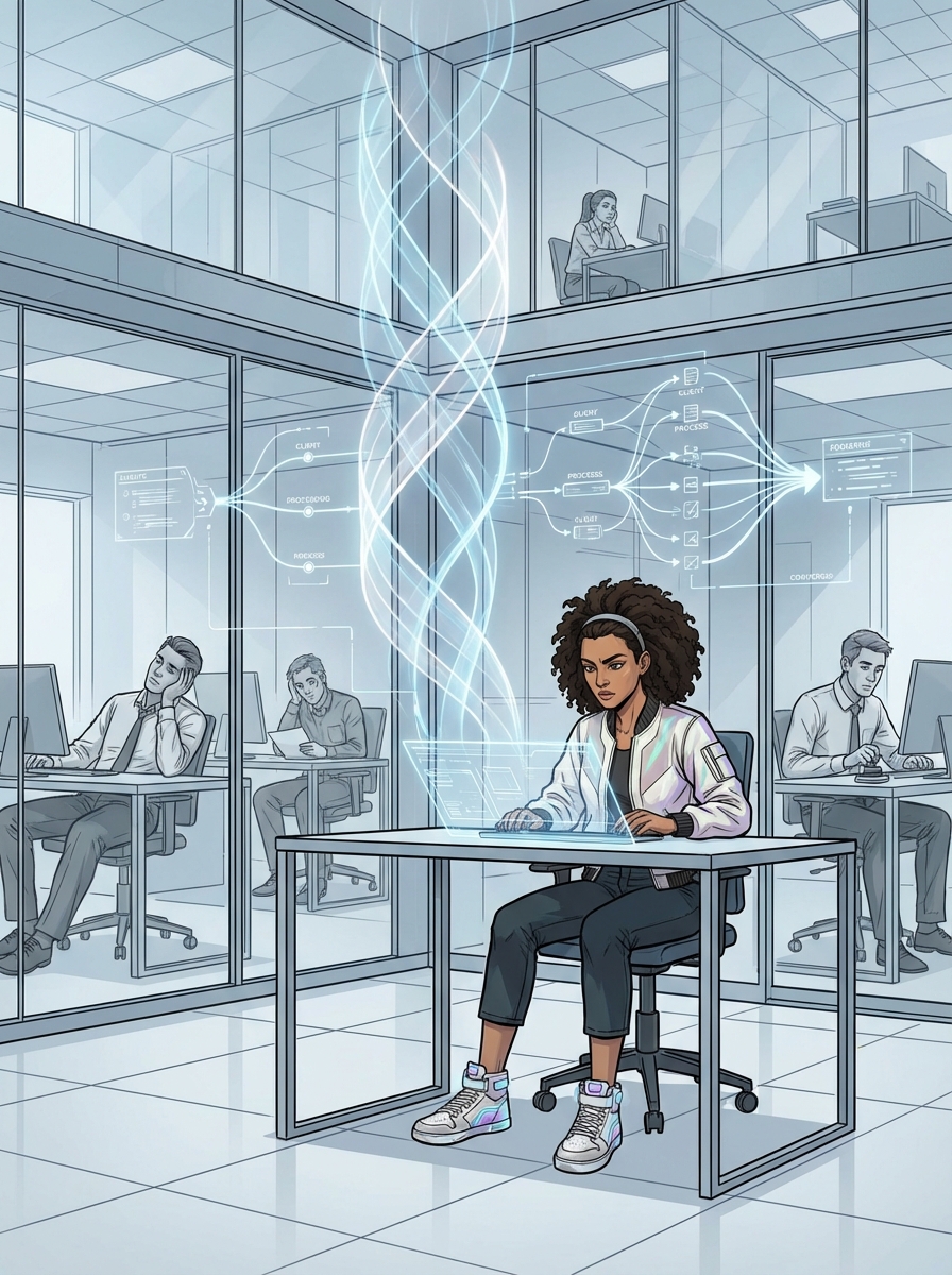 Stylized wide shot of holographic workflow visualizations — translucent streams of client requests flowing through processing nodes. Huma studies the system with sharp eyes and a slight frown.