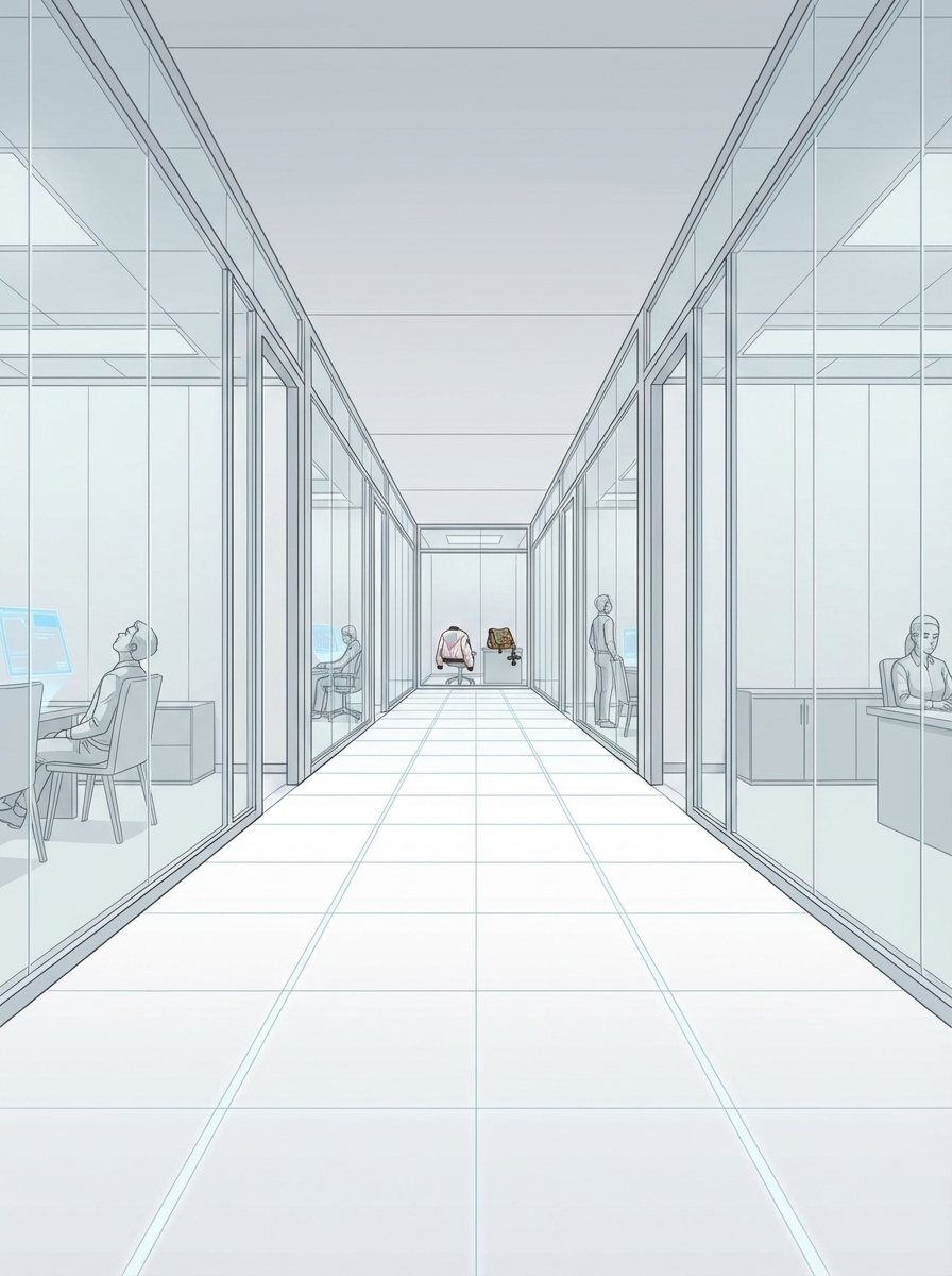 Long corridor on Floor 27 — glass-walled offices line both sides, each containing a disengaged Agent Manager. One stares at the ceiling, another is idle. At the far end, one office has a burnt orange jacket draped over the chair.