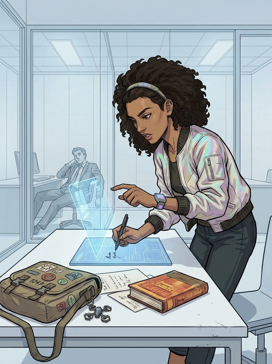 Close-up of Huma at her desk, leaning forward with focused intensity, a physical pen in hand — annotating a holographic interface. Her desk is starting to show signs of habitation.