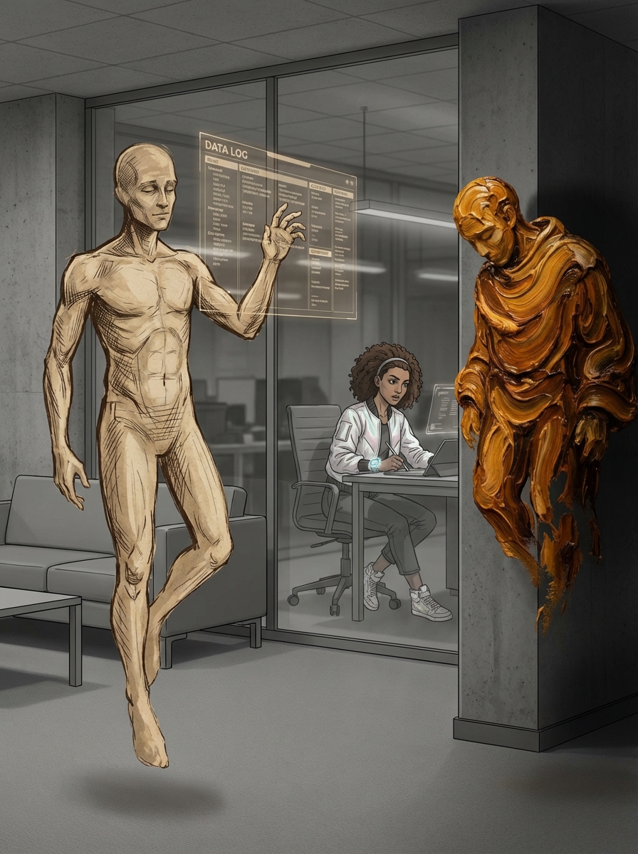 Layered composition — Vinci in sepia foreground logging data clinically, Rem in amber shadow background observing with focused attention. Between them, Huma is visible through glass, asking questions.