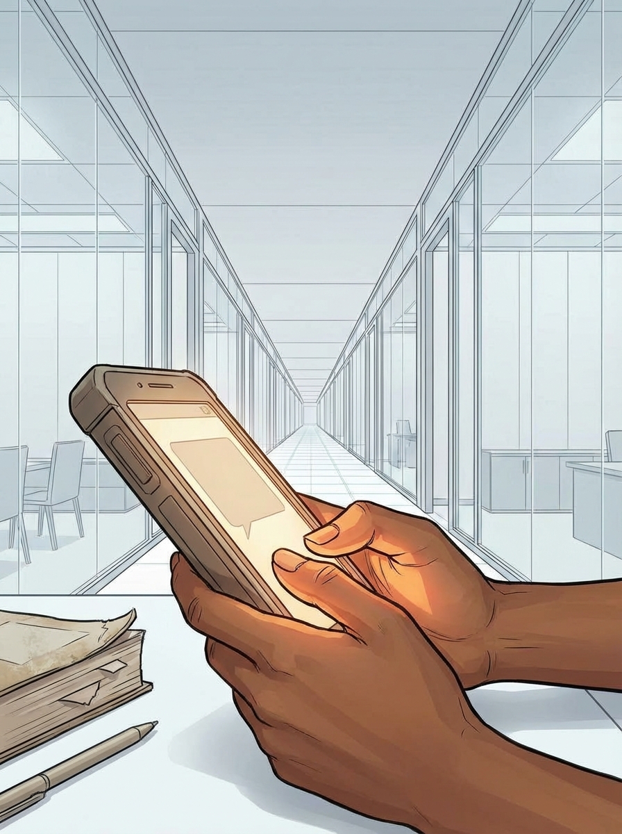 Close-up of Huma's hands holding a chunky smartphone-like device — a warm personal object from the lower floors. Through the glass wall behind, Floor 27's empty corridor stretches.