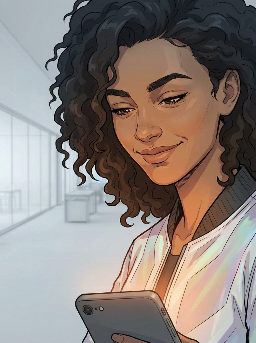 Close-up portrait of Huma looking down at her phone with a small genuine smile — warm, unguarded, private. Faint warm light from below mixes with cool office light.