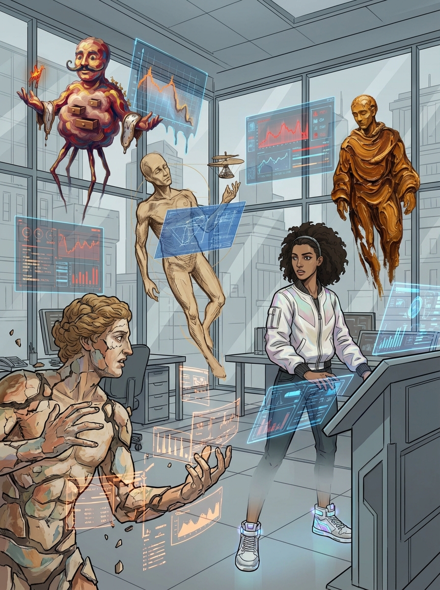 Dynamic wide shot — all four AI agents present in a glass office: Vinci reviewing data, Dali gesturing excitedly, Michel managing streams while strained, Rem observing. Huma stands at center, alert and engaged.