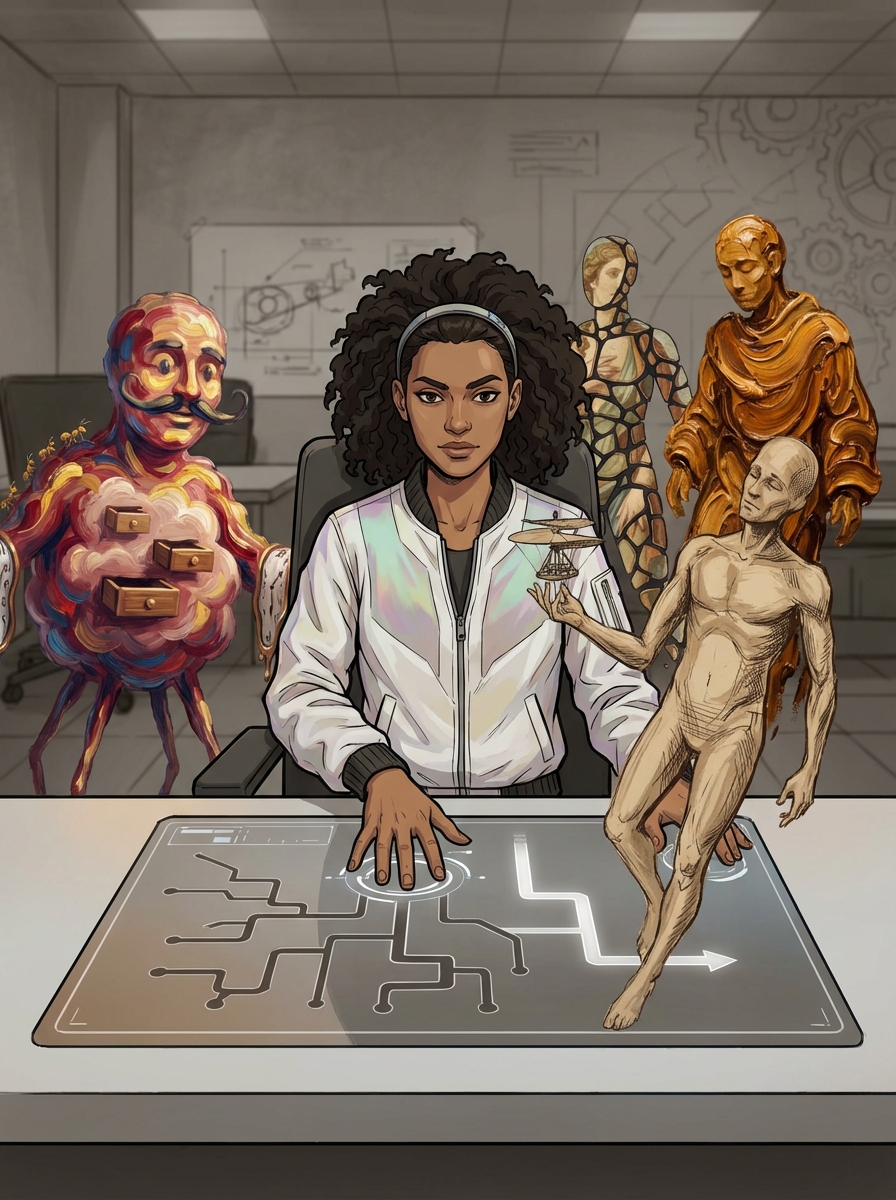 The most important composition — Huma stands at her desk, hand on the holographic interface, looking directly at Vinci. All four agents surround her. She is choosing the unlit path.