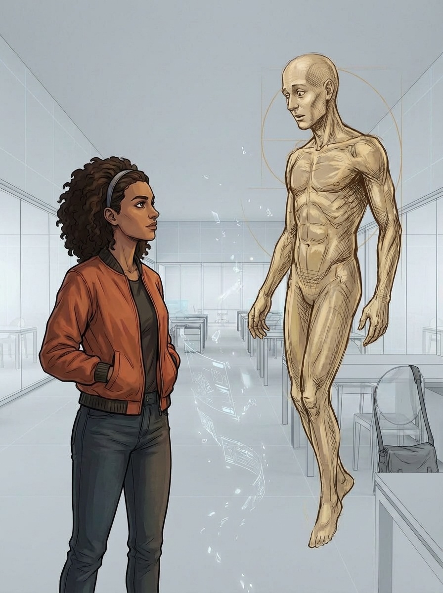 Intimate two-shot — Huma and Vinci facing each other. Vinci's cross-hatching is subtly softer, the analytical undertone shifted to warmer gold. Something has changed between them.