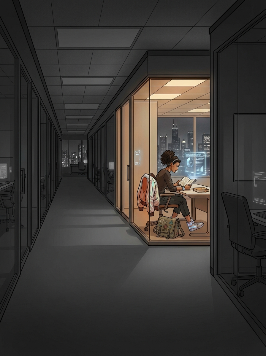 Night on Floor 27 — dark offices stretch into distance, all empty. One corner office glows warm: Huma sits reading the engagement report, messenger bag on the floor, paperback on the desk.