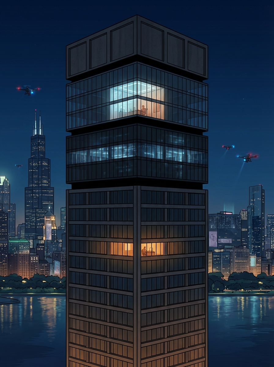 The Favor.ai tower at night against the Chicago skyline. Most of the building is dark. But two lights burn — warm amber on Floor 12, cooler warmth on Floor 27 — separated by the dark agent layer.