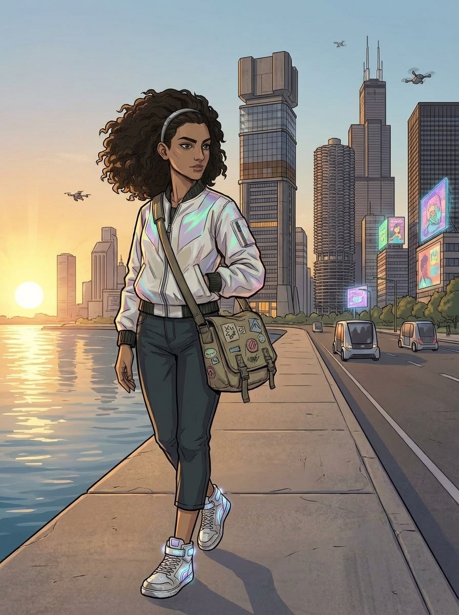 Medium shot of a young woman walking along a concrete lakefront path beside Lake Michigan at dawn.