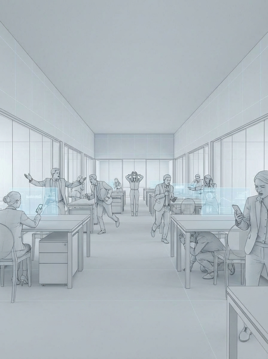 Wide shot of a Floor 27 open-plan area at the moment of the blackout.