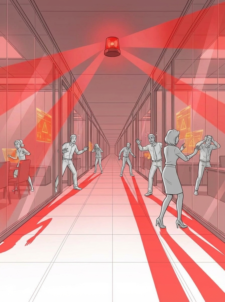 Wide shot of a Floor 27 corridor with glass-walled offices on both sides.