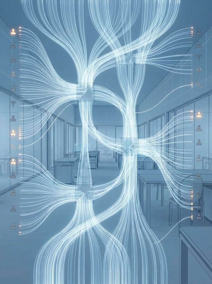 Abstract-conceptual visualization of an enterprise orchestration engine in perfect operation.