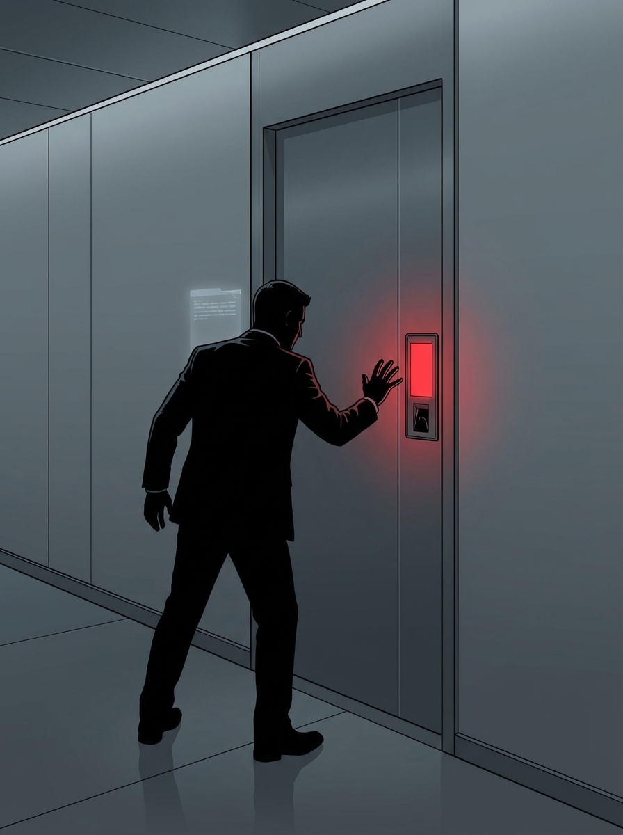A figure seen from behind — dark silhouette of a man in business attire — standing before a sleek opaque door in a minimal corridor.