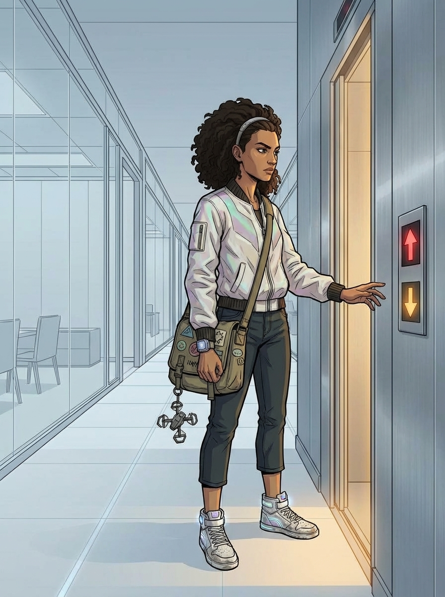 Medium shot of a young woman standing before elevator doors on Floor 27.