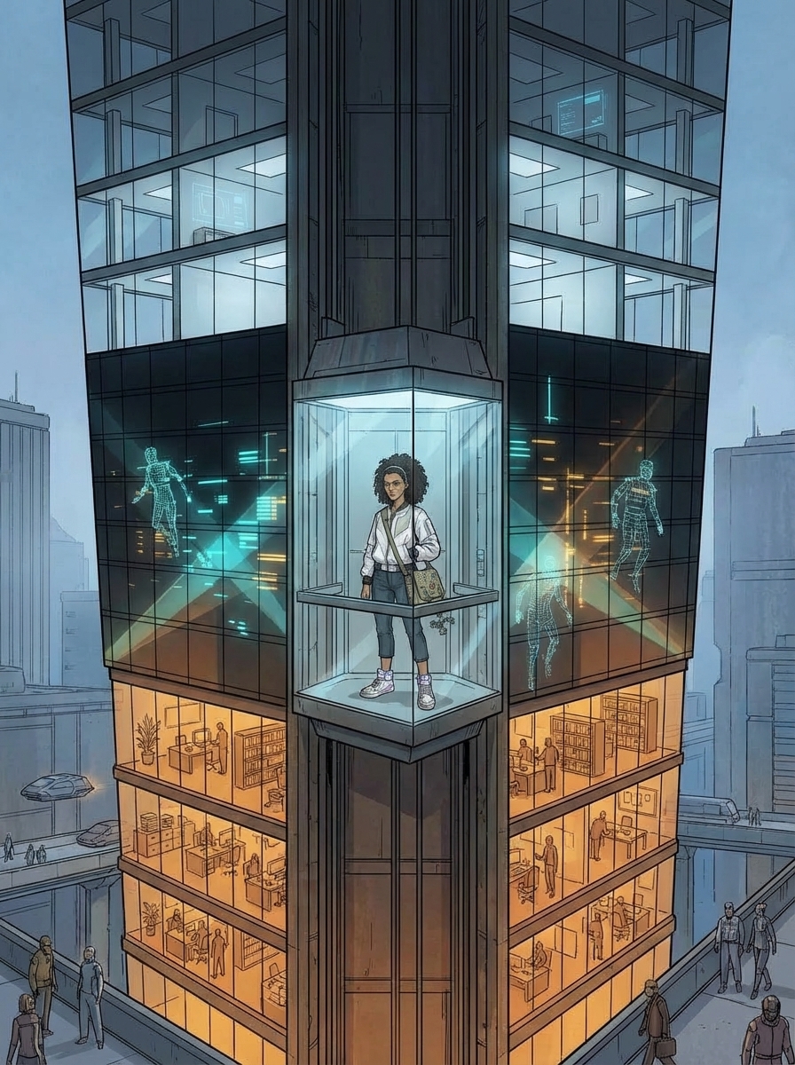 A tall vertical composition showing a transparent elevator descending through a cross-section of a corporate tower.
