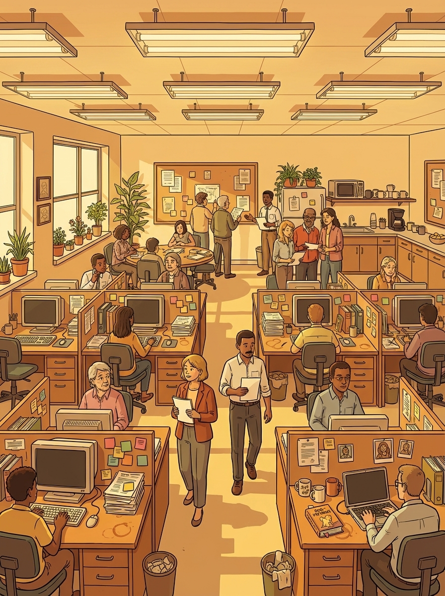 Wide shot of a warm, densely occupied open-plan office floor.