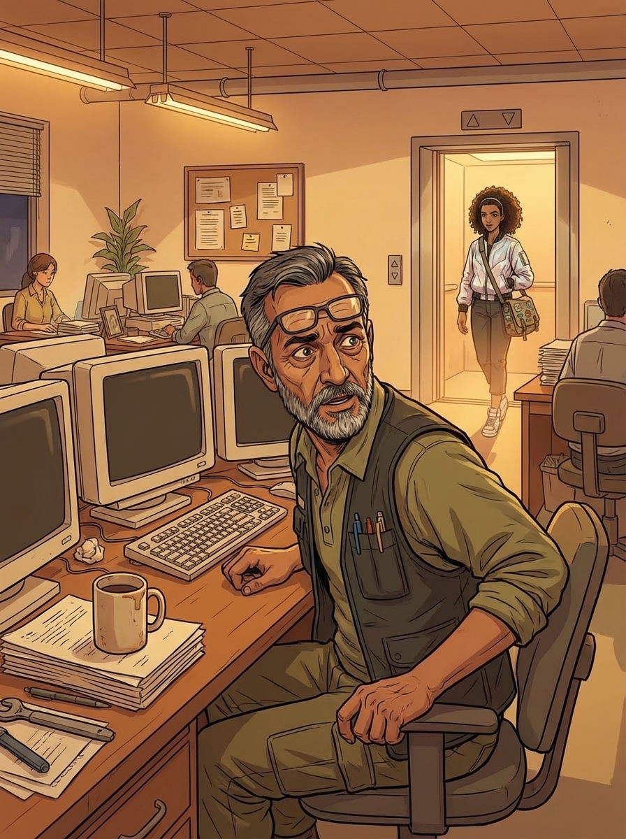 Medium shot focused on a South Asian man, mid-50s, sitting at a cluttered desk on a warm office floor.