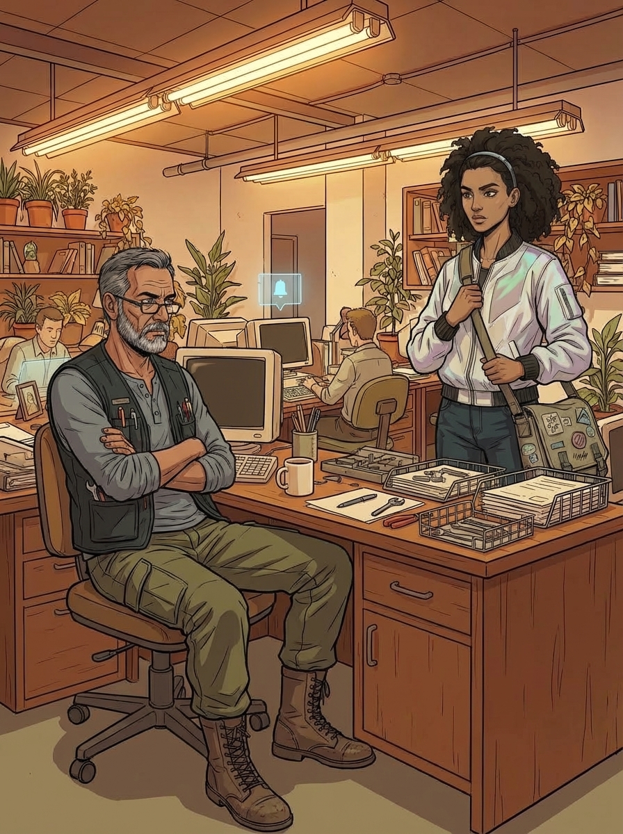 Medium two-shot on a warm cluttered office floor.