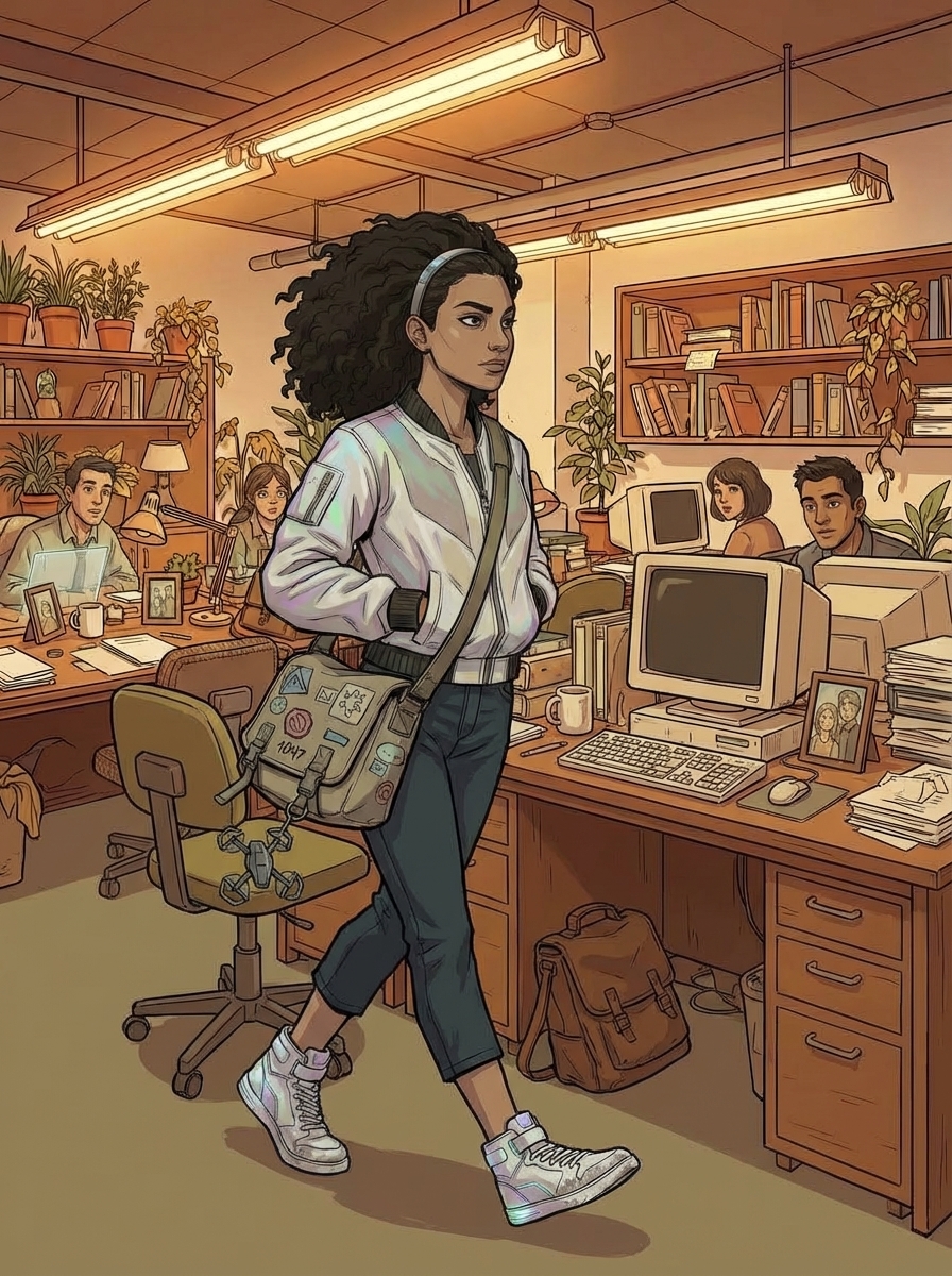 Medium tracking shot of a young woman walking purposefully through a warm cluttered office floor.