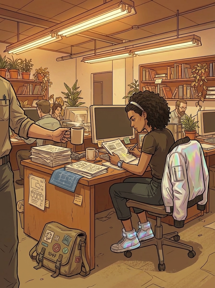 Medium shot of a young woman deep in work at a Floor 12 desk.