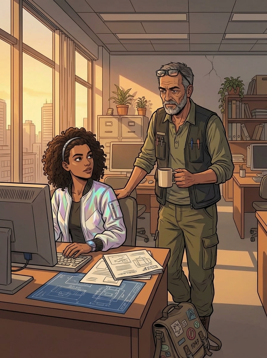 Medium two-shot in late afternoon light.