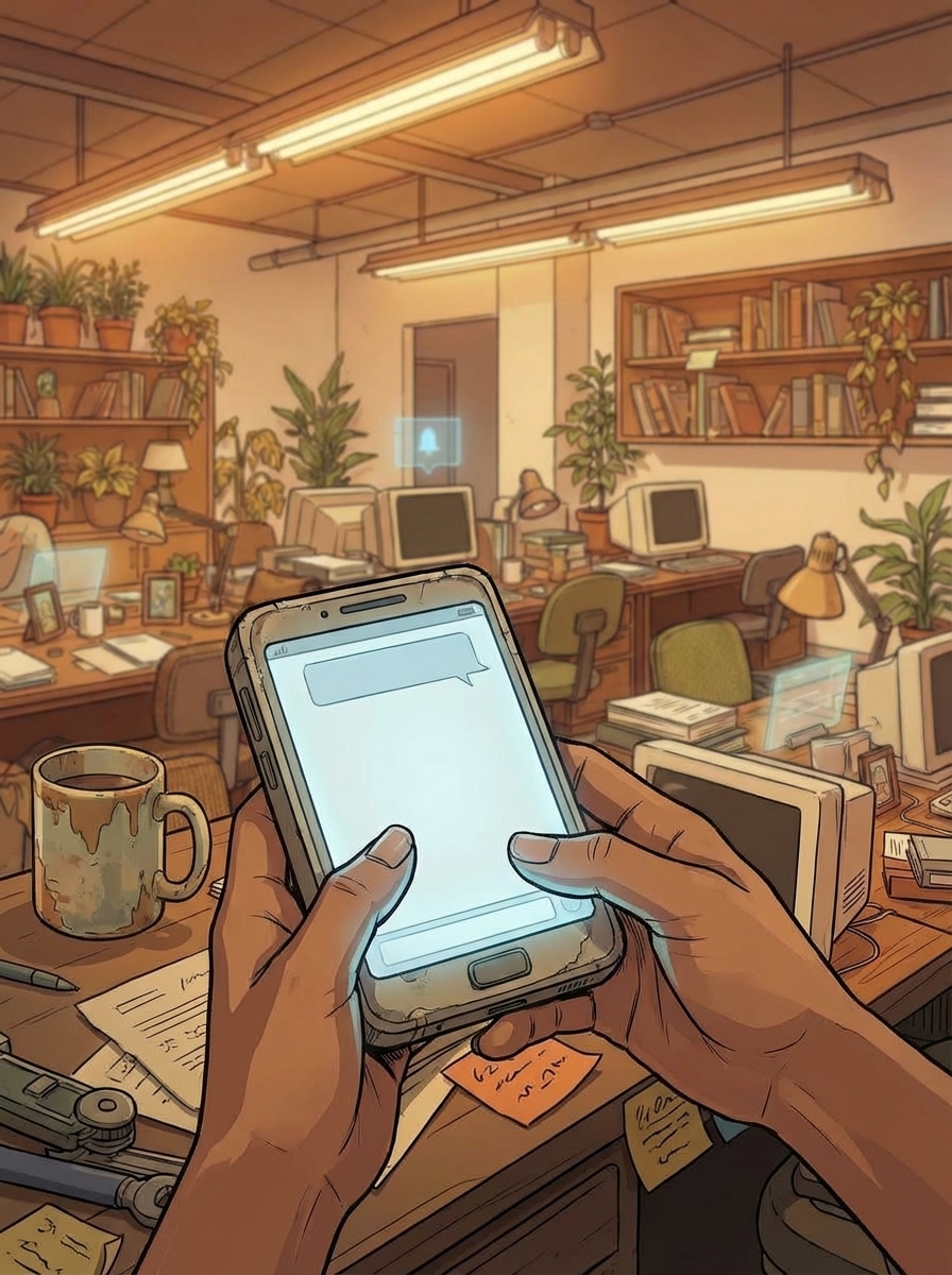 Close-up of a young woman's hands holding a physical communication device — slightly chunky, 2040s-era tech with a physical bezel, tangible weight, a warm-toned personal object.