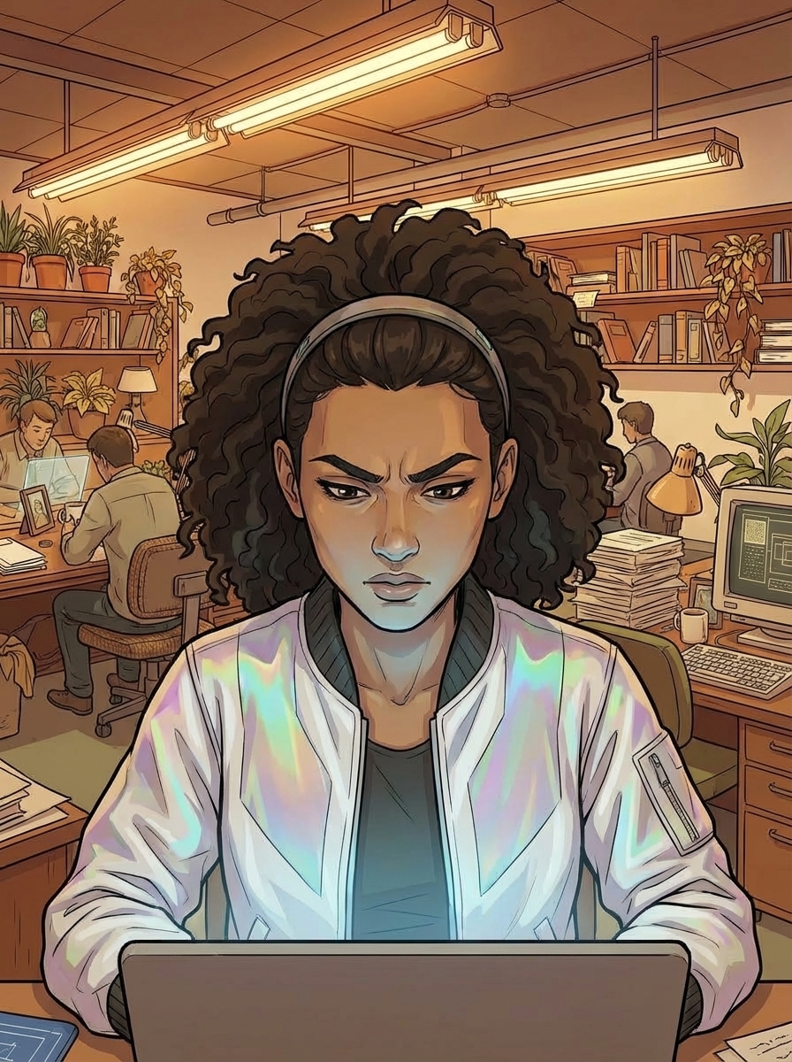 Close-up portrait of a young woman at a Floor 12 workstation, looking down at a device below the frame.