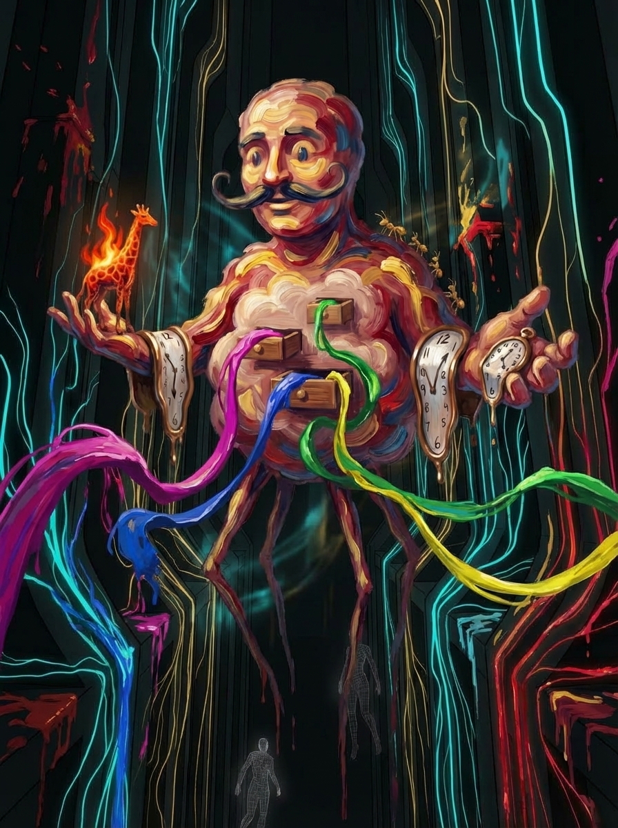 A humanoid figure composed of surrealist oil paint in the style of Salvador Dali, alone in the vast dark cathedral of the agent floor, absolutely thriving.