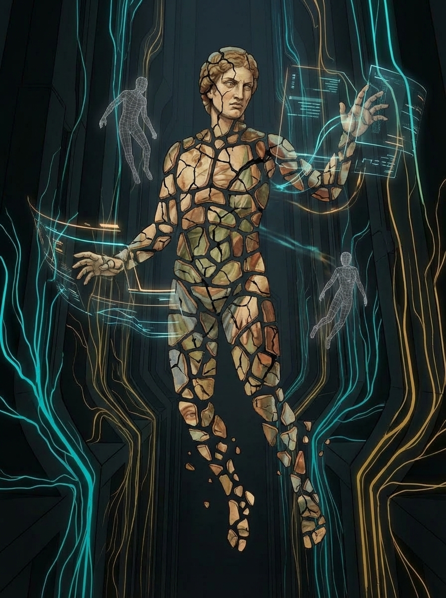 A humanoid figure composed of Renaissance fresco in the style of Michelangelo, alone in the dark cathedral of the agent floor, barely holding together but refusing to stop.