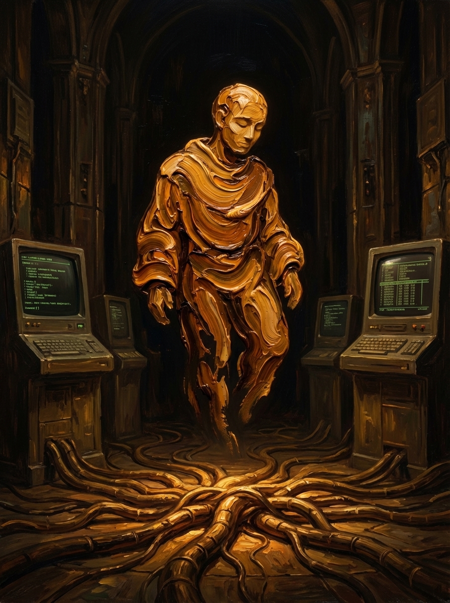 A humanoid figure composed of Rembrandt-style thick impasto oil paint, deep in the lowest layer of the agent floor, bowed forward in intense concentration.