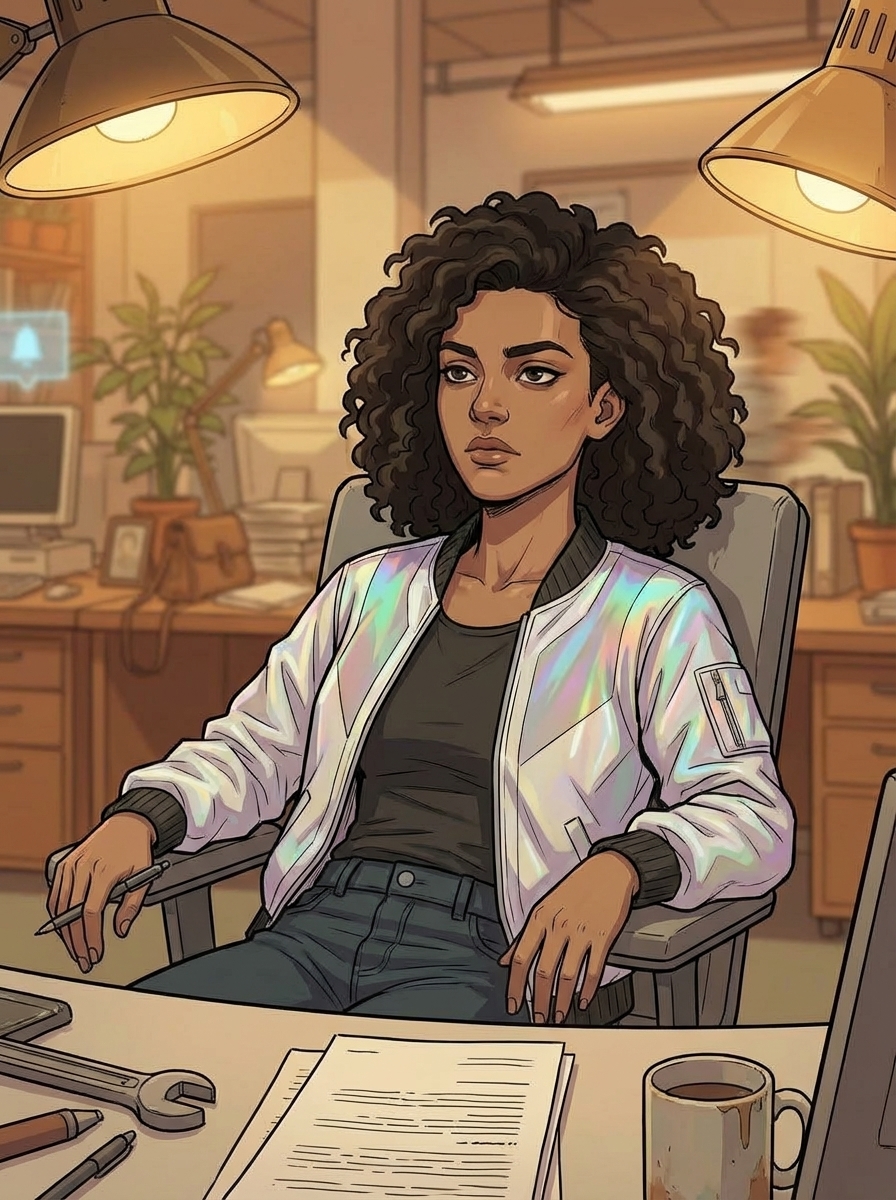 Close-up portrait of a young woman leaning back in a Floor 12 desk chair, looking at nothing in particular.