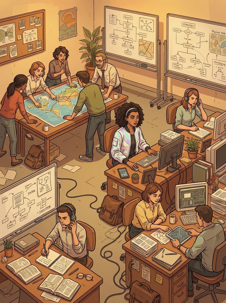 Wide shot of Floor 12 in full operation, seen from Huma's embedded perspective.