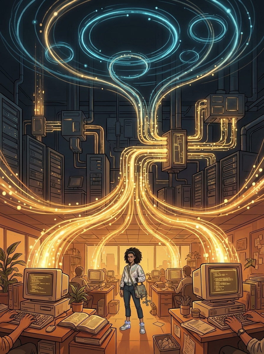 A stylized conceptual composition showing the building's knowledge flow.